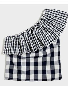 J. Crew Navy Blue and White Gingham One-Shoulder RuffleTop